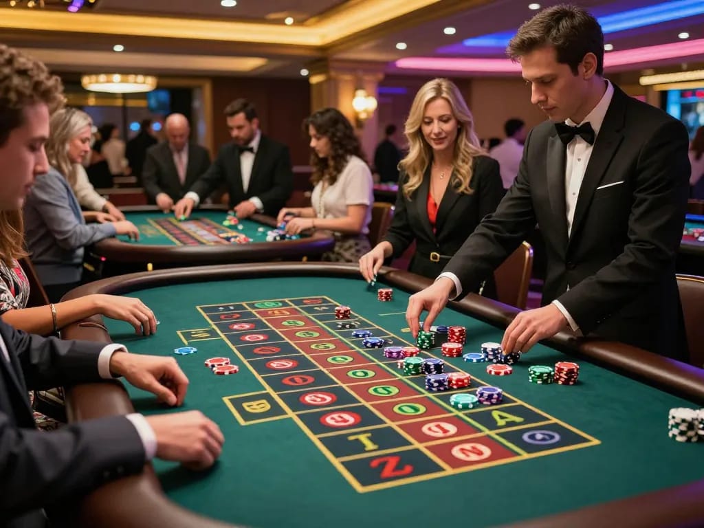 F168 players placing bets at a vibrant roulette table within an upscale casino environment.