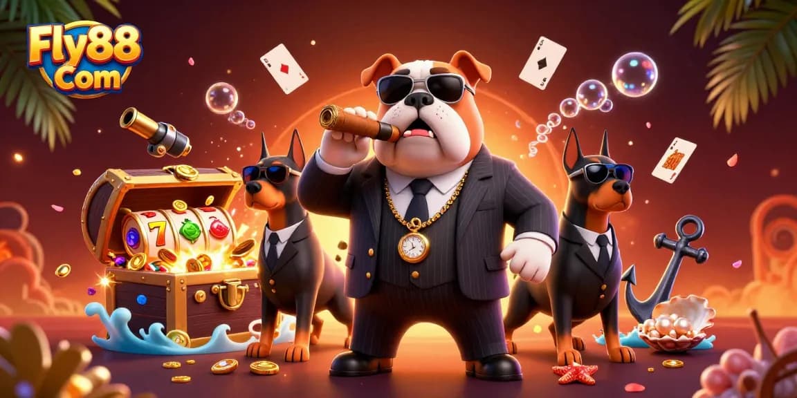 Experience the thrill of Fly88 Com with a mafia boss bulldog in a bustling casino scene.