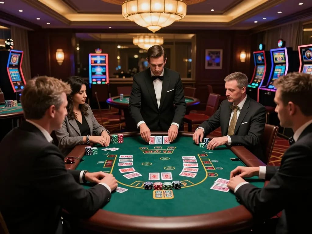 Watch players strategize at a blackjack table in the dn88 casino, surrounded by luxury and excitement.