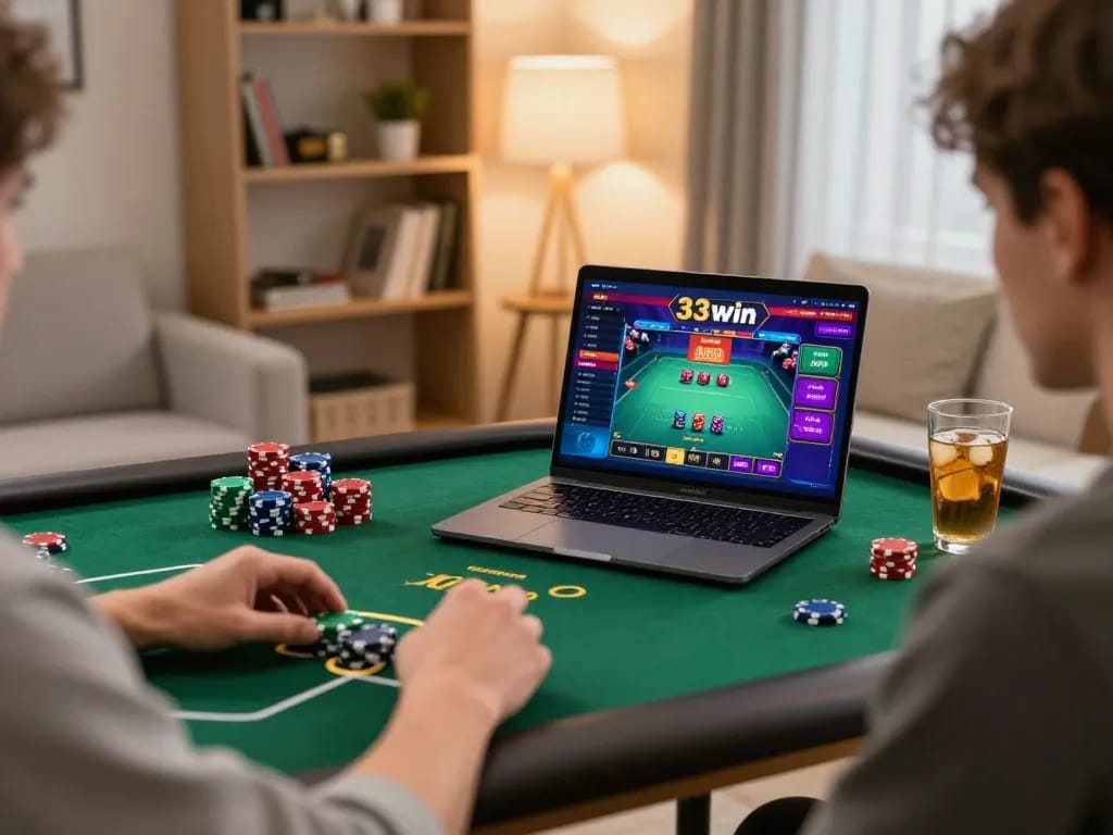 Engaged player enjoying online gaming at 33win with vibrant interface and cozy setup.