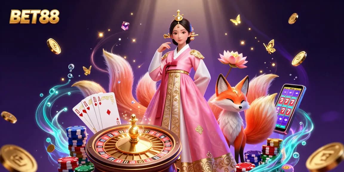 Engage with BET88's vibrant casino world featuring a stunning Asian woman and lucky fox amidst dynamic gaming elements.