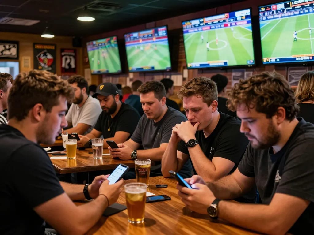 Fabet fans engaged in live sports betting at a lively sports bar, showcasing excitement.