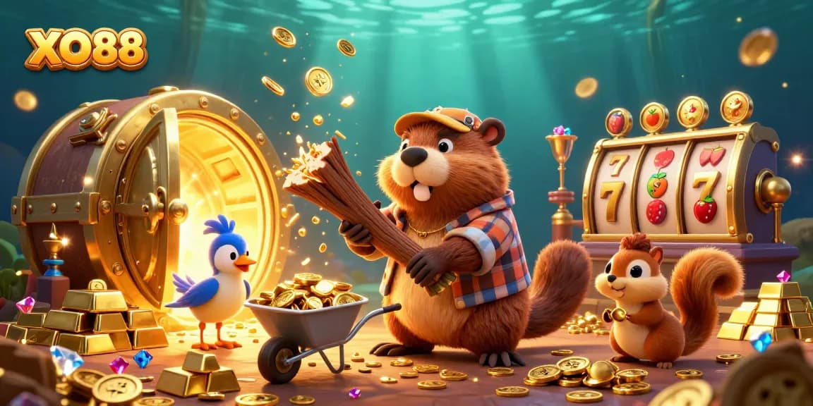 Experience action with XO88 as a beaver chops a tree raining golden coins in a lively casino scene.