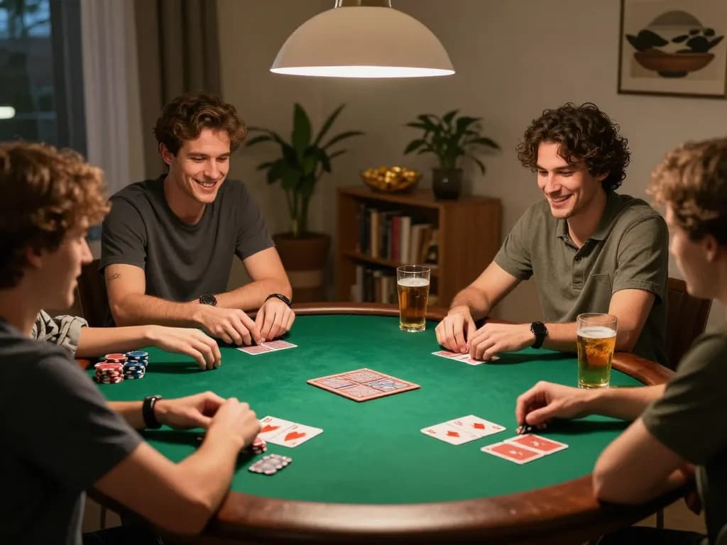 Engaged players enjoying a friendly poker game at home, showcasing the community aspect of gambling with five88 vibes