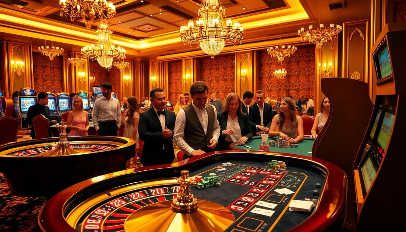 A luxurious casino scene illustrating Giải mã giấc mơ with roulette and poker tables, full of excitement.