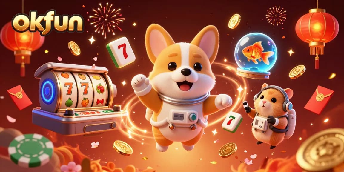 Experience the excitement of okfun casino with floating slot reels and animated characters in a vibrant space scene.