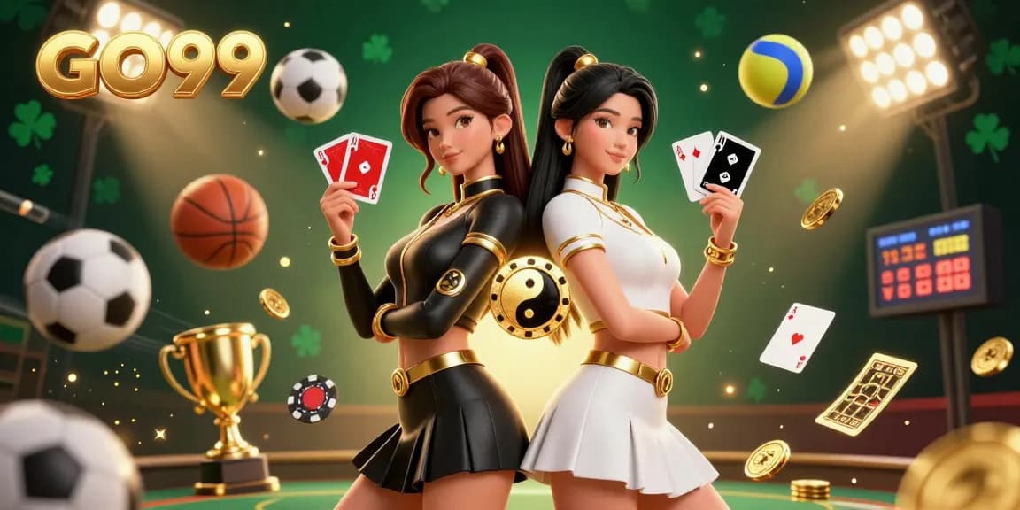 Experience the thrilling atmosphere of GO99 with stunning visuals of twin Asian women showcasing poker skills against a dynamic casino backdrop.