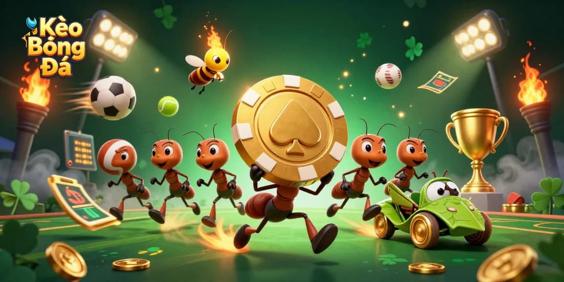 Kèo Bóng Đá betting adventure with a cartoon ant team carrying a golden poker chip.