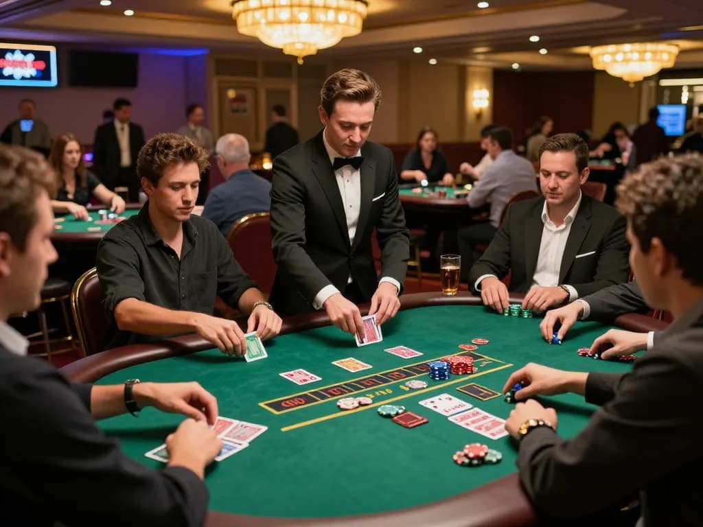 Players engaging in an intense game of blackjack at a vibrant casino featuring SC88 betting strategies.