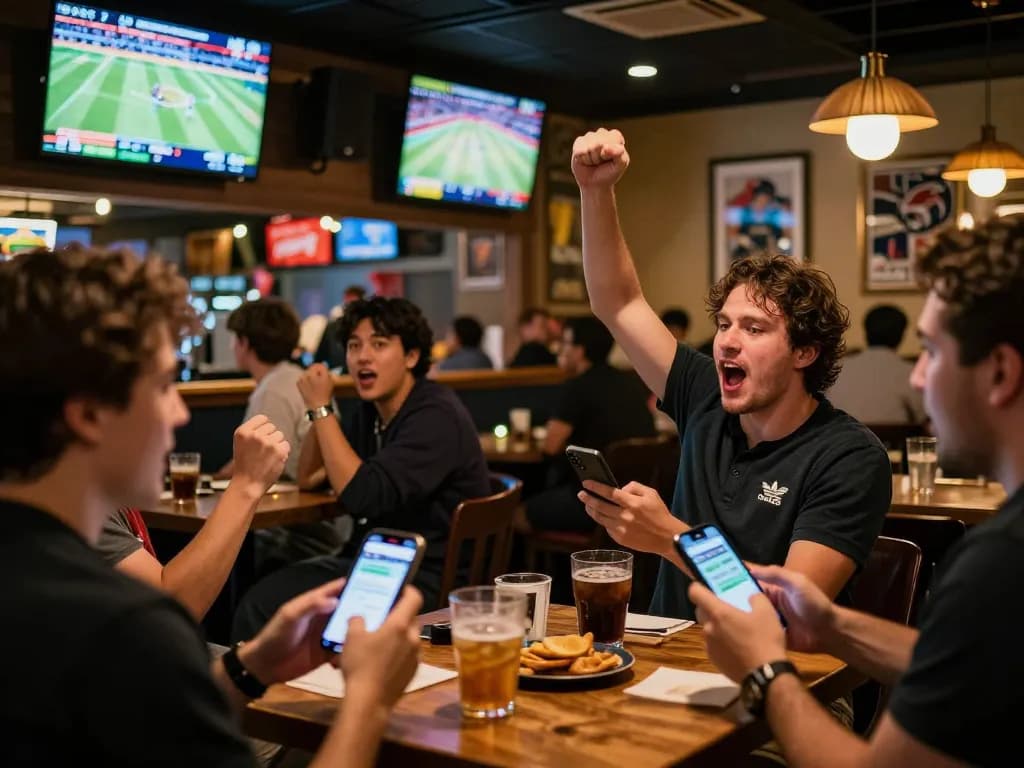 Engaging sports betting scene showcasing thể thao az888 with enthusiastic patrons interacting with betting apps