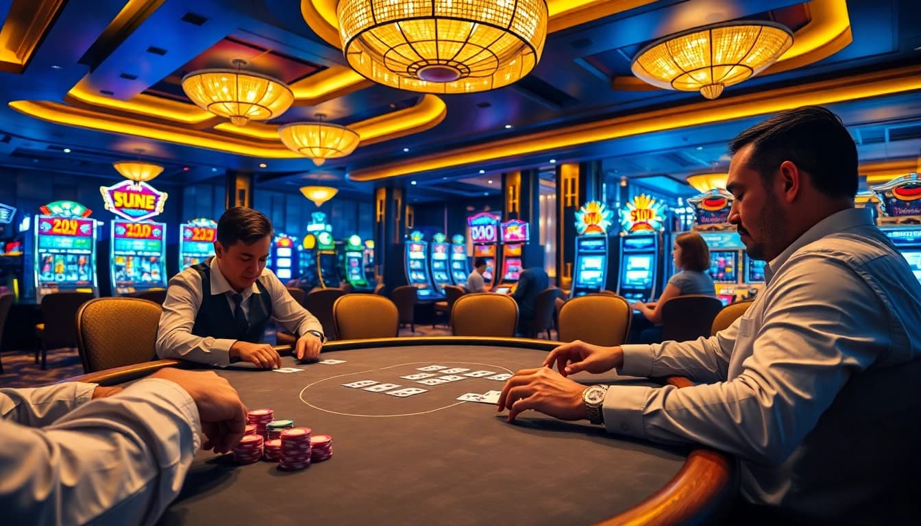 Engaging players at MMOO enjoying a high-stakes poker game in a vibrant casino atmosphere.