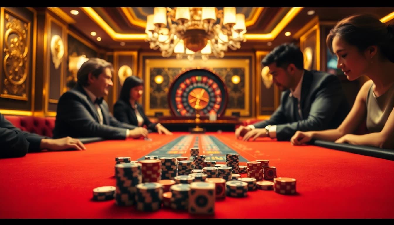 Excited players enjoying go88 tài xỉu at a luxurious casino table filled with chips and dice.