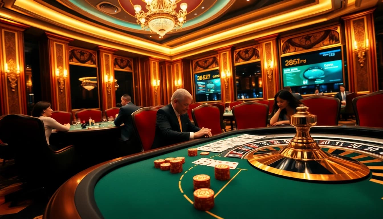 Players experiencing the thrill of 888b gambling at an upscale poker table with chips and cards.