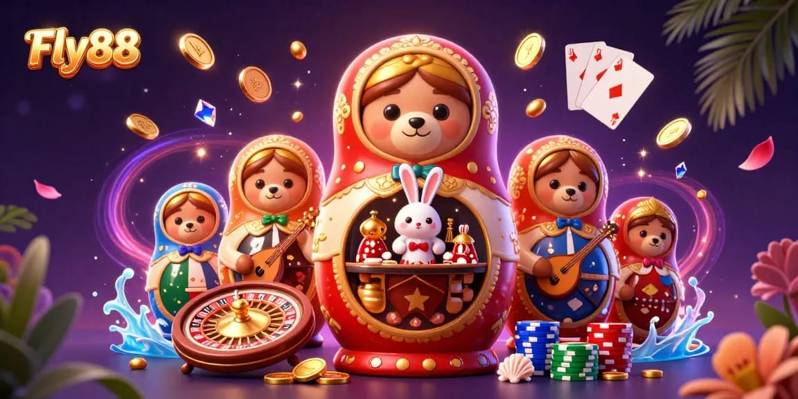 Experience excitement with Fly88 as cartoon characters reveal casino secrets amidst sparkling treasures.