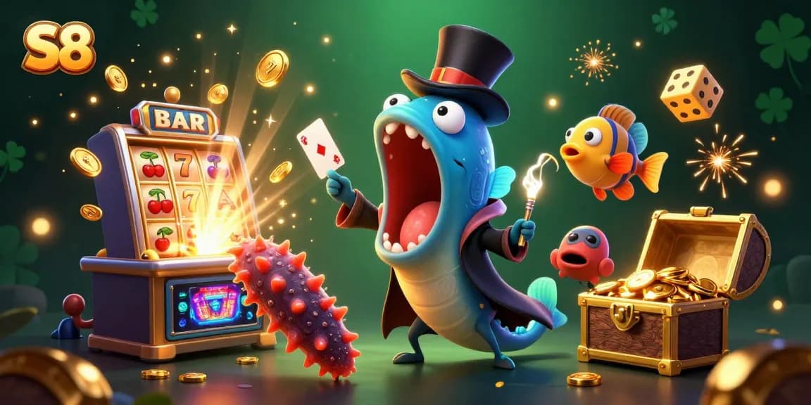 Experience thrilling jackpot wins with S8 in a vibrant casino scene featuring animated underwater characters.