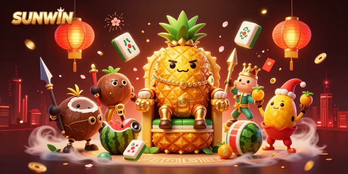 Engage with SUNWIN's dynamic casino scene showcasing a golden pineapple king surrounded by vibrant game elements.