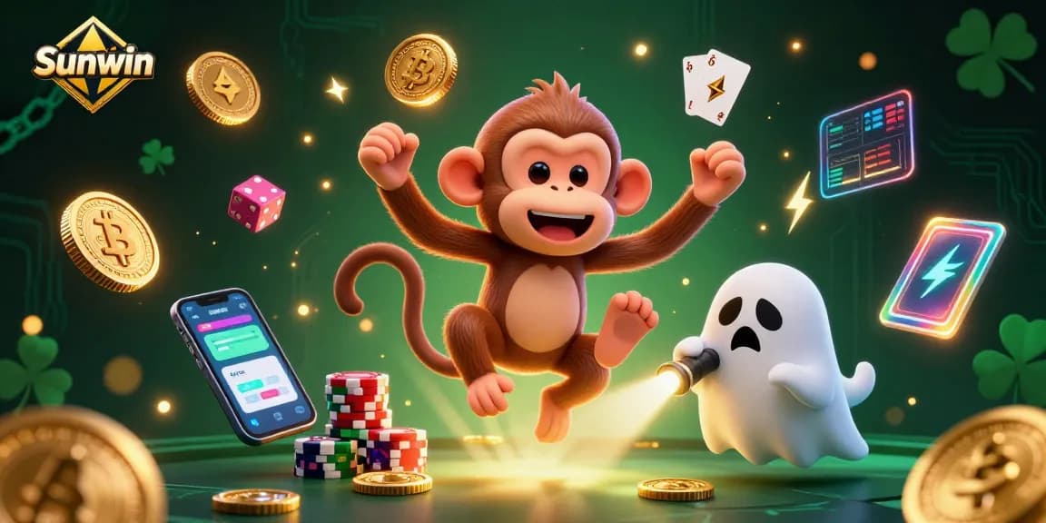 Sunwin casino features a ghost-hunter puppy tracking a mischievous monkey in a vibrant haunted scene.