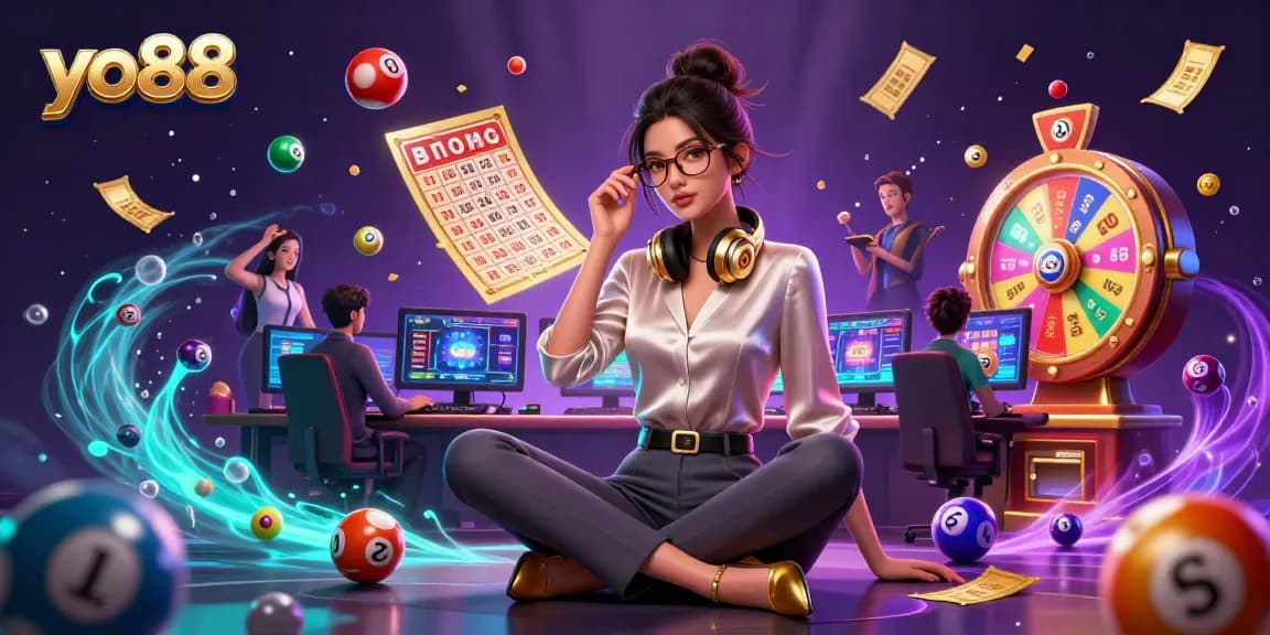 Experience thrilling games at yo88 with colorful lottery elements and a stylish gamer setup.