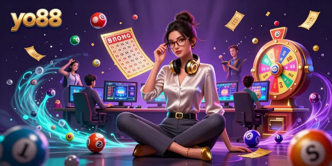 Experience thrilling games at yo88 with colorful lottery elements and a stylish gamer setup.