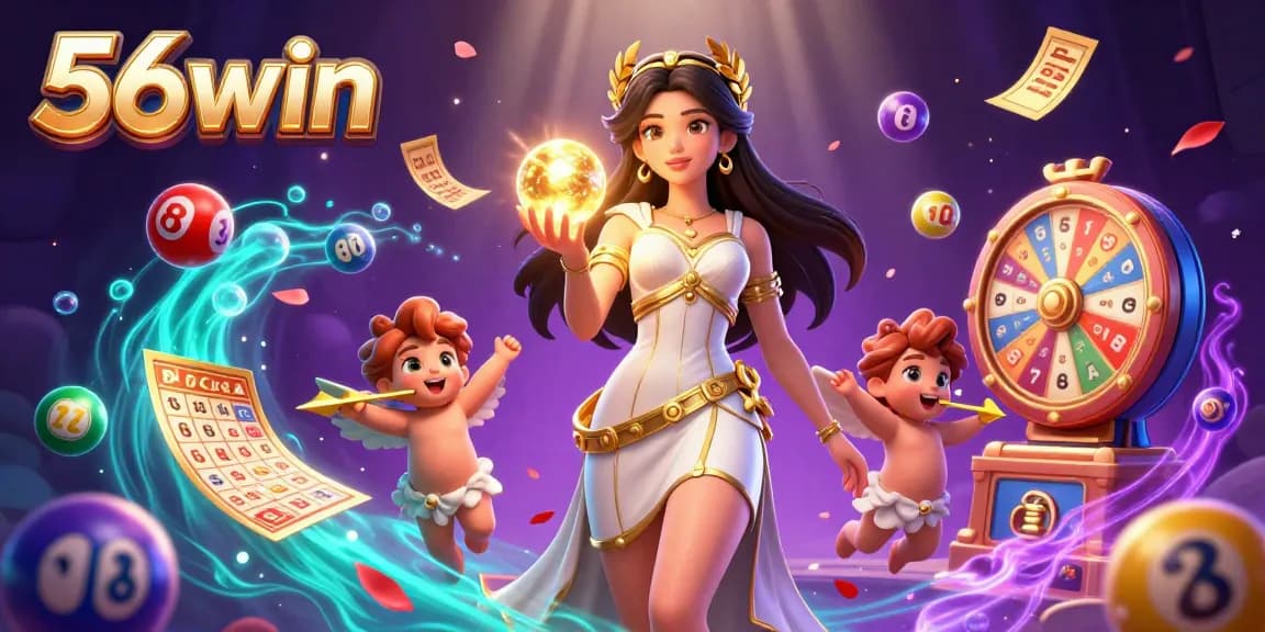 Experience 56win's vibrant gaming universe with a goddess of luck and winning elements.