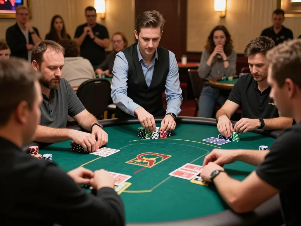 S88 poker action with players strategizing during an intense casino game night