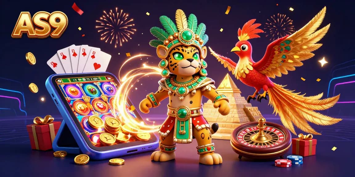 Experience AS9's thrilling gaming with a vibrant 3D casino illustration featuring jackpots and colorful slots.