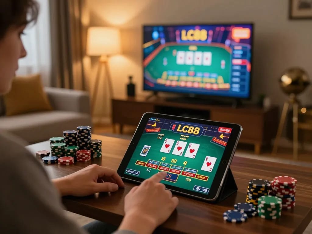 Engaging player experiencing LC88 online casino games on a tablet in a cozy atmosphere