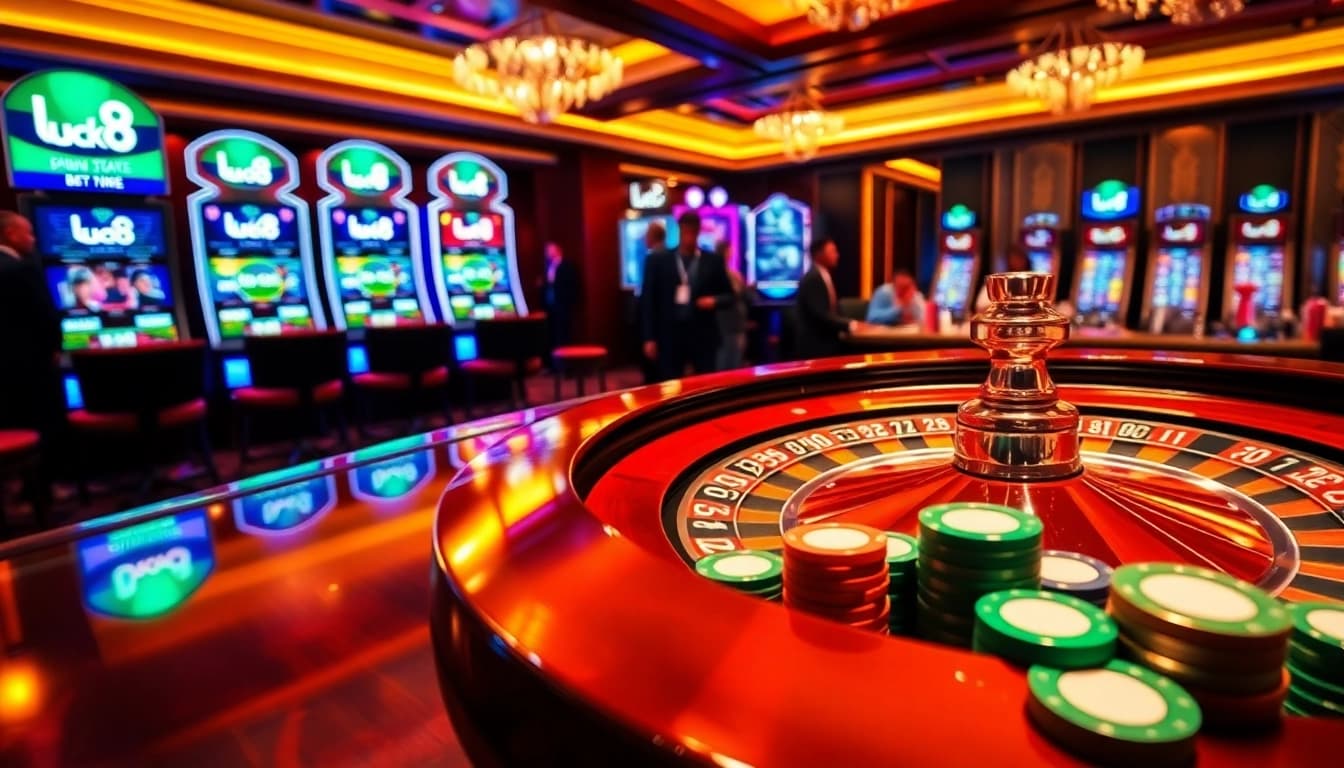 Experience the thrill of gambling at luck8 with vibrant roulette wheels and poker chips.