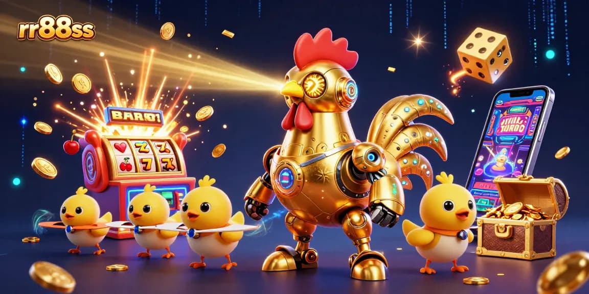 Experience the excitement of rr88ss with golden rooster robot leading a jackpot adventure.