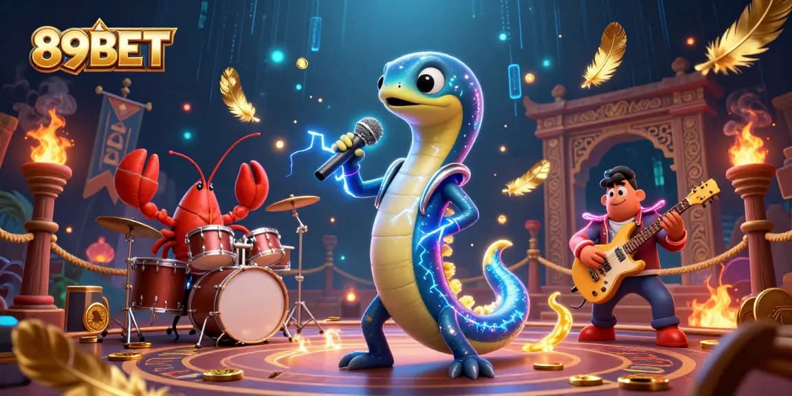 89BET thrills players with dynamic underwater casino illustration featuring a DJ electric eel, drummer lobster, and guitarist seahorse.