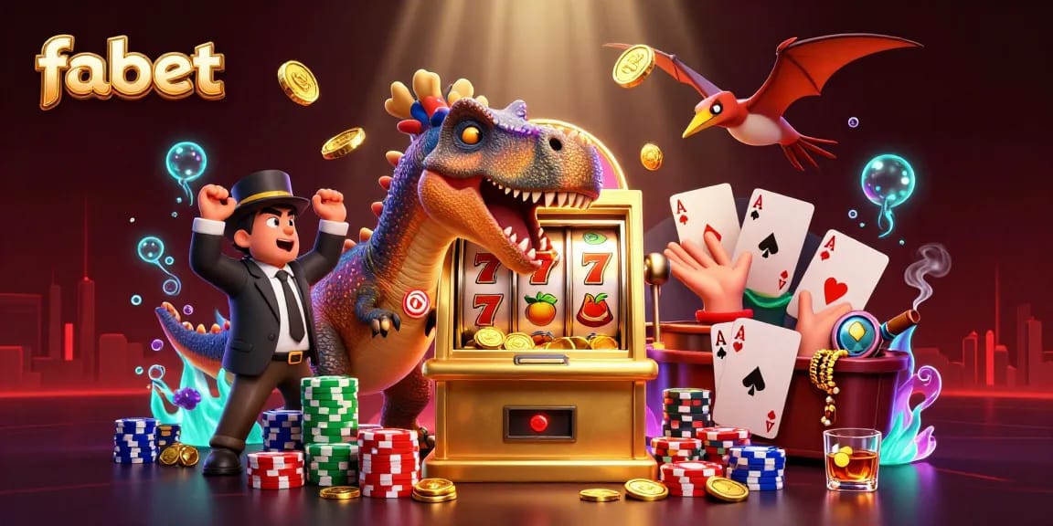 Fabet unleashes a thrilling jackpot excitement with cartoon dinosaurs and vibrant casino elements.