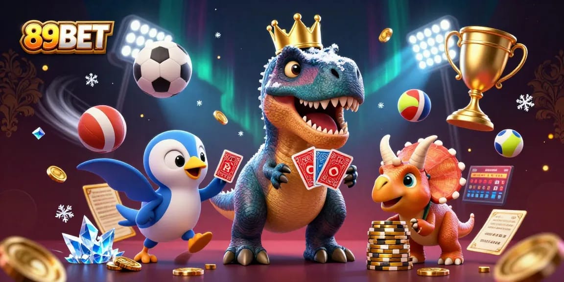 Join the fun at 89BET with a T-Rex shuffling cards surrounded by vibrant sports elements.