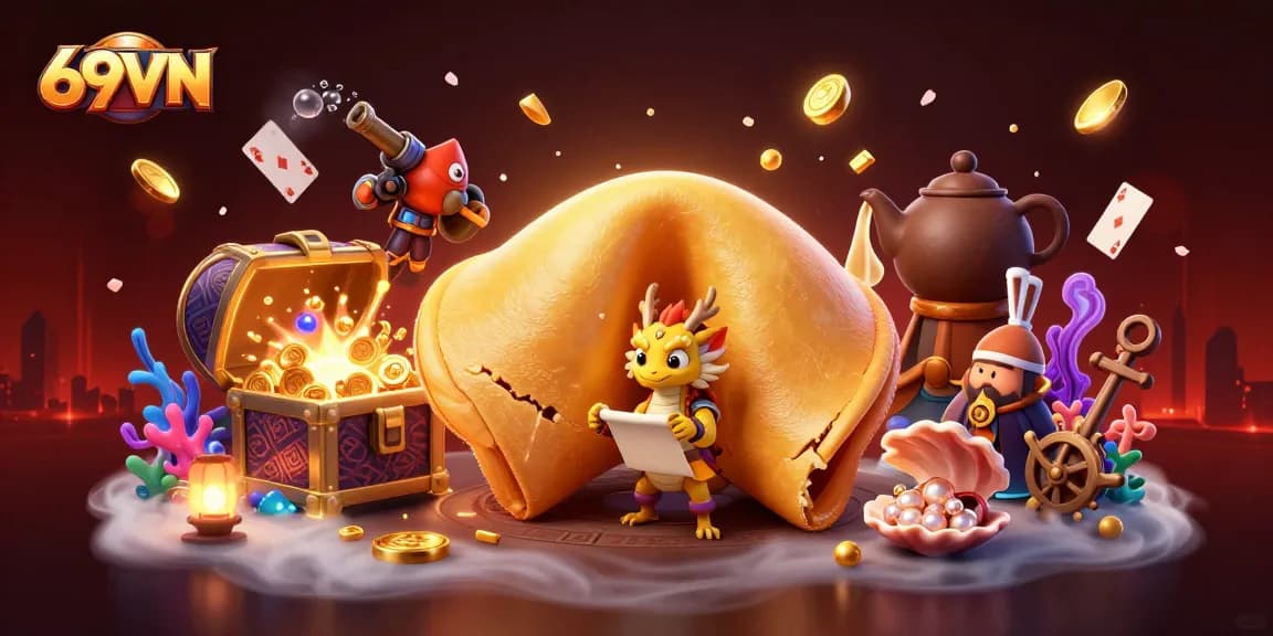 Engage with 69VN's vibrant casino experience featuring a dynamic 3D scene filled with gold and fortune.