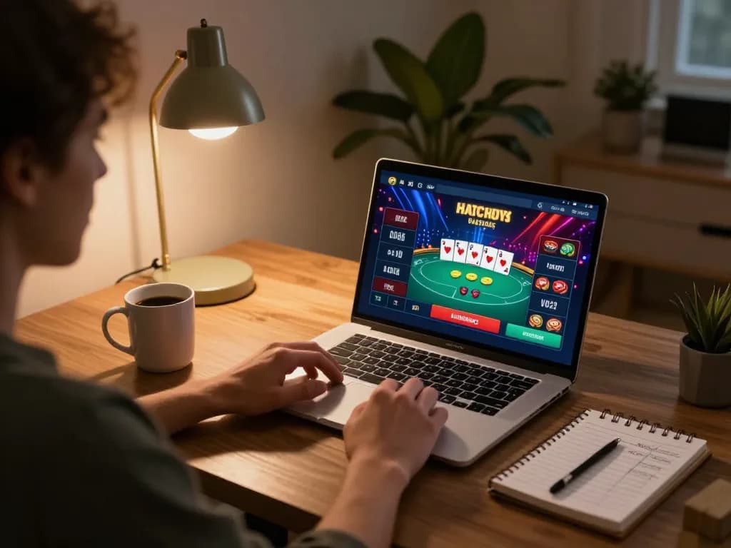Player accessing the hitclub casino app on laptop with poker interface, cozy home gaming setup.