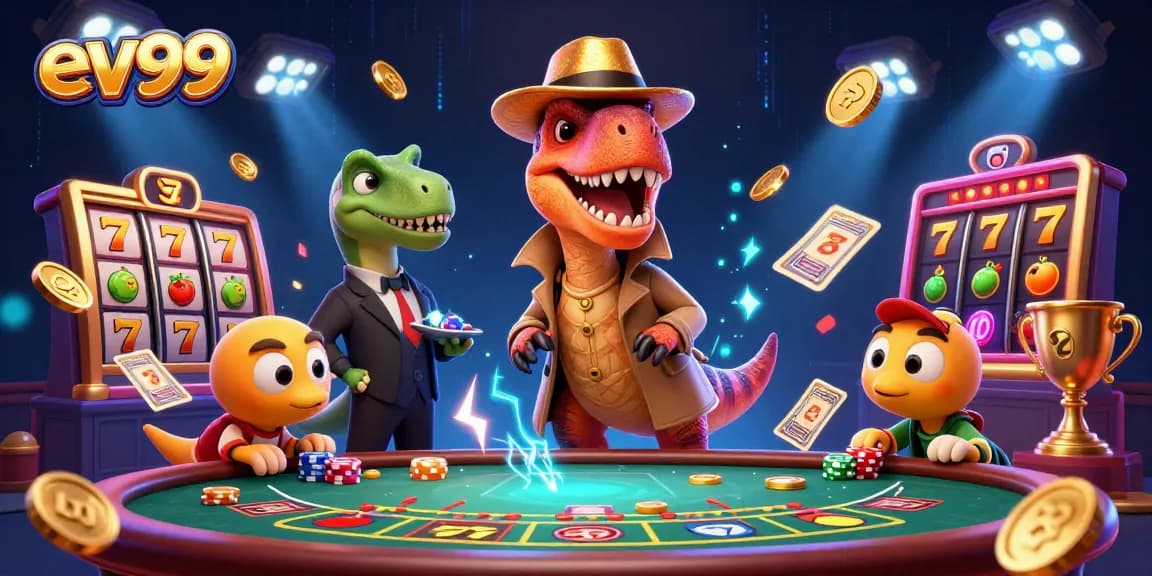Join the fun at ev99 with a cartoon velociraptor card counter in a vibrant casino scene.
