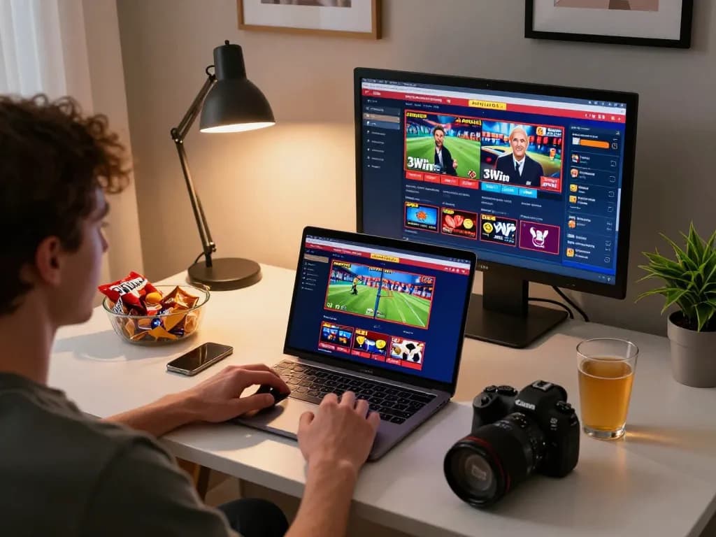 Engaging with the 3Win online casino platform from a stylish home office, showcasing strategic gameplay.