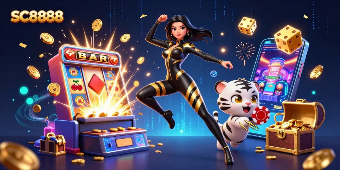 Experience SC8888's thrilling casino games with an energetic 3D illustration showcasing jackpots and interactive elements.