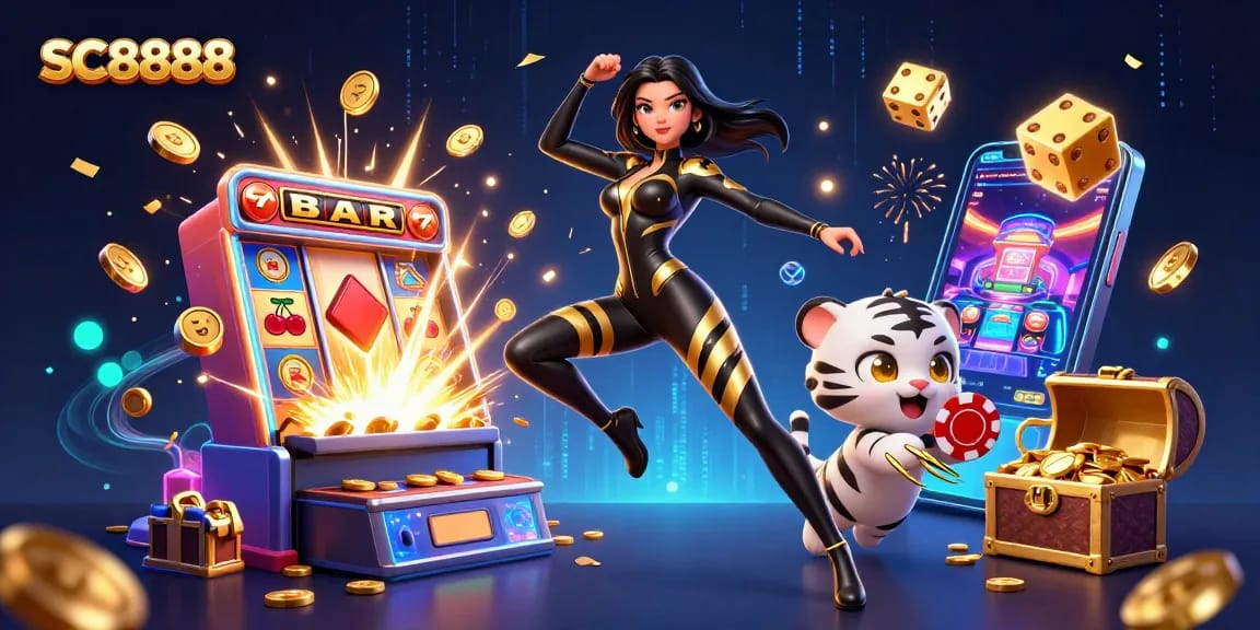 Experience SC8888's thrilling casino games with an energetic 3D illustration showcasing jackpots and interactive elements.