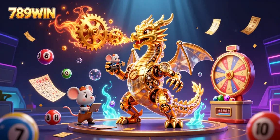 Engage with 789WIN's animated 3D scene featuring a golden dragon and vibrant gaming elements.