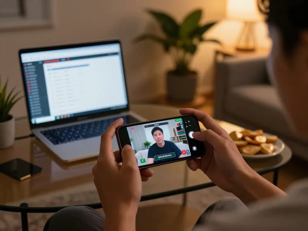 Following live video đá gà thomo on a smartphone in a cozy living room setting.
