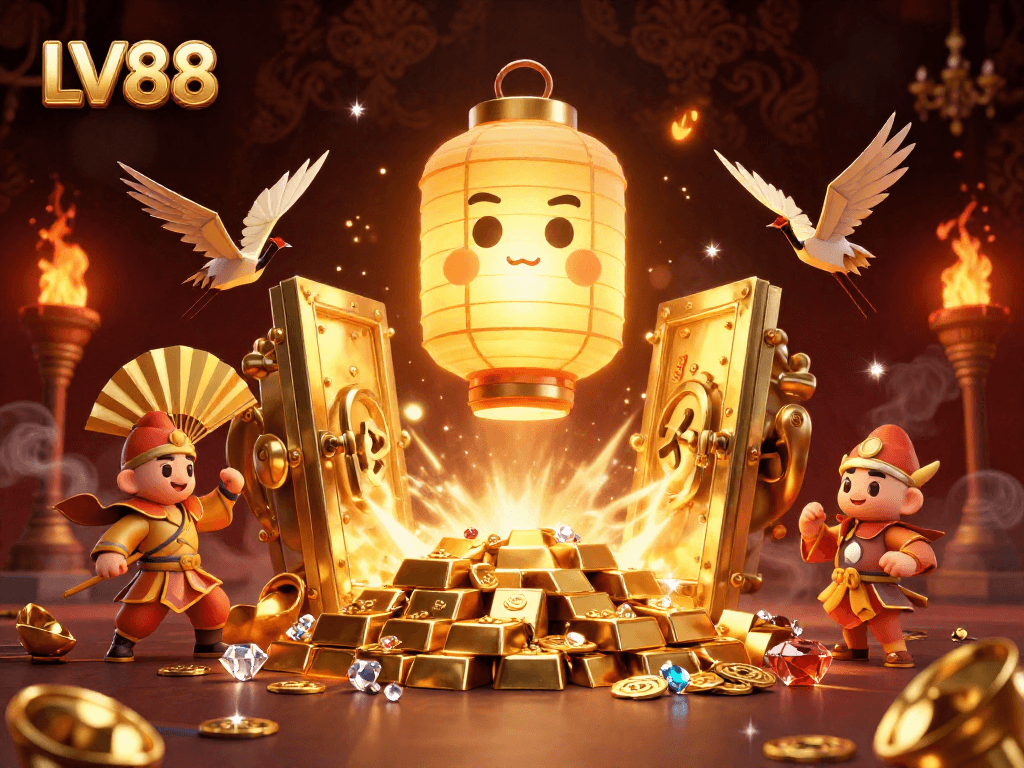 Experience LV88's vibrant casino scene featuring a golden lantern spirit and treasure-filled dynamics.