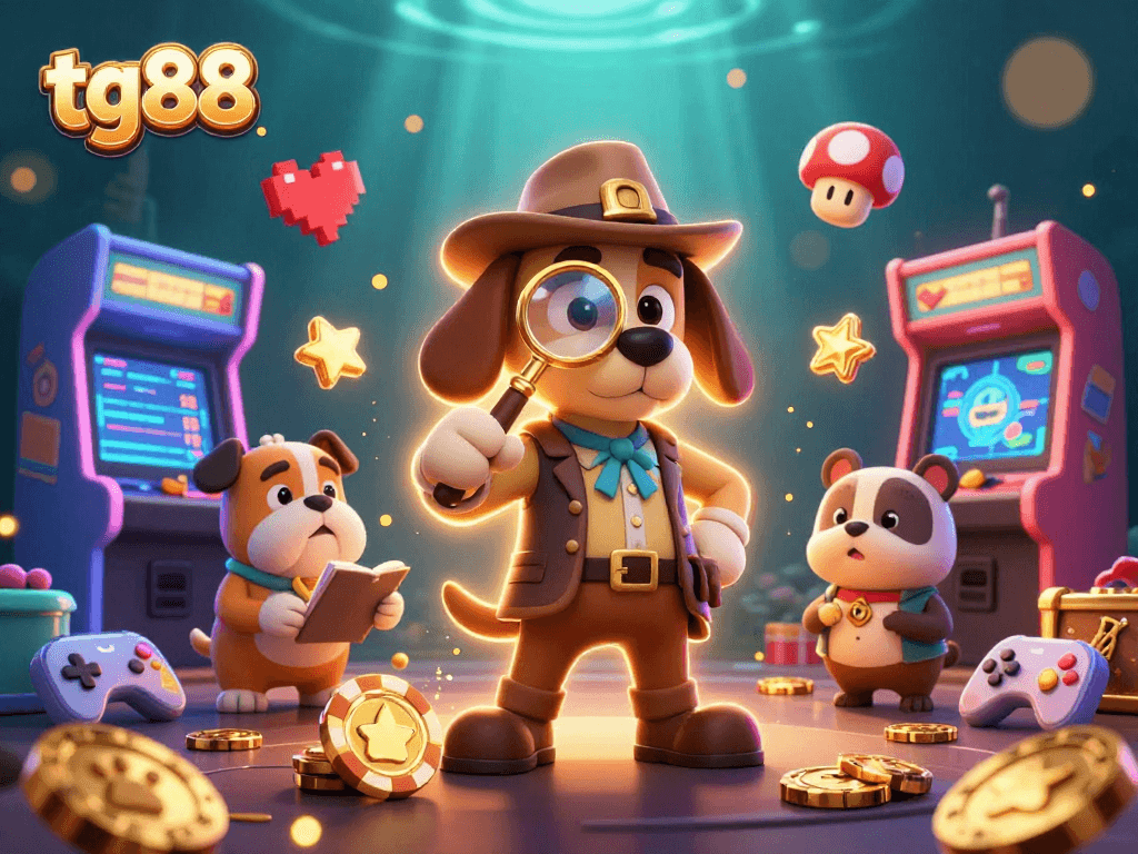 Engage in thrilling games at tg88 with a dynamic 3D detective scene illustrating poker chip clues.