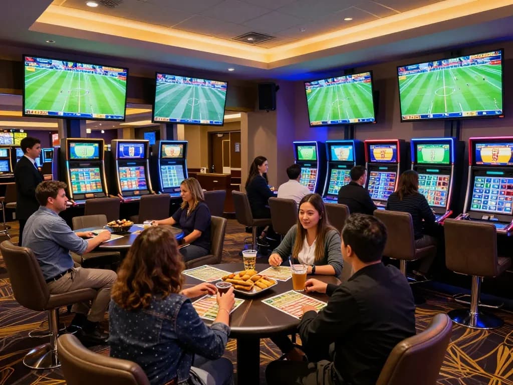 Engaged bettors analyzing live football matches in a vibrant sports betting lounge with screens displaying บอล ออนไลน์.