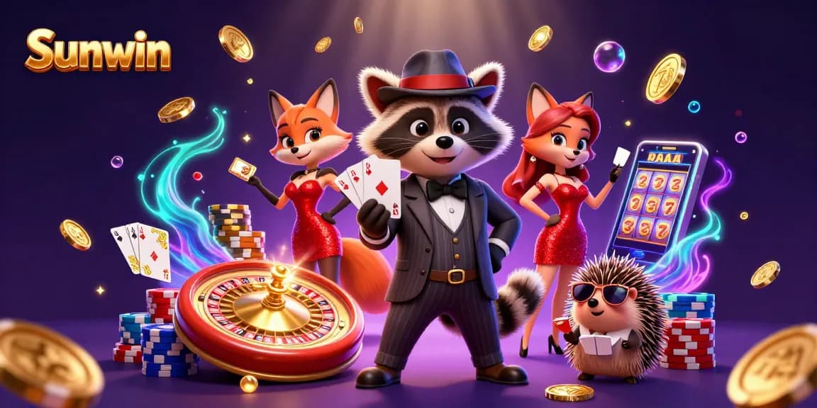 Sunwin showcases thrilling gameplay as a suave raccoon and beautiful fox enjoy casino fun.