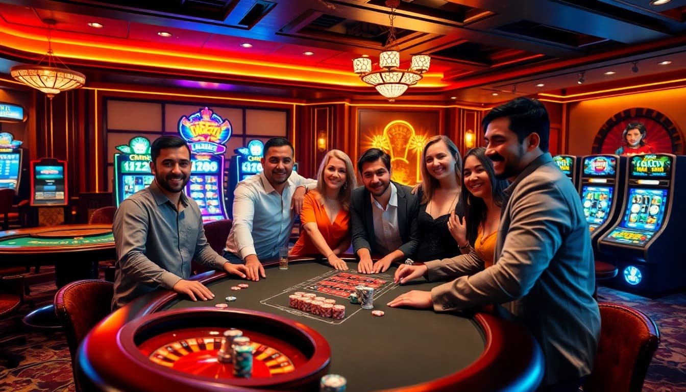 Experience the excitement of online gaming at https://777x.center/ with vibrant casino tables and celebratory gamblers.