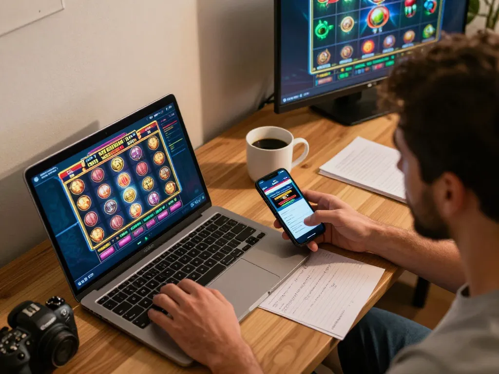 Engaged player using laptop for NHÀ CÁI LC88 online gaming experience with strategic betting notes.