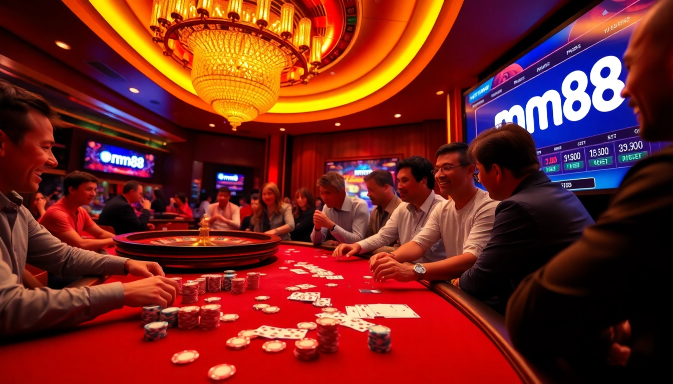 Exciting casino action at mm88 with players at the poker table and roulette wheel.