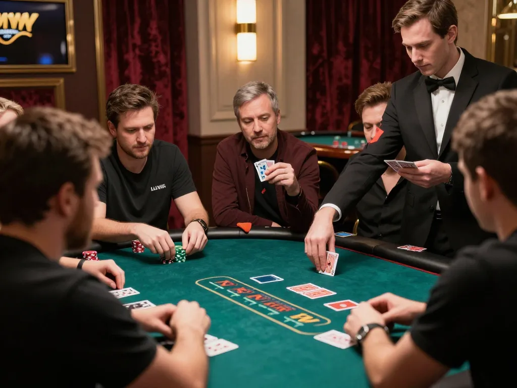 Players enjoying a thrilling poker session at LLWIN live casino, showcasing tension and strategy in luxurious surroundings.