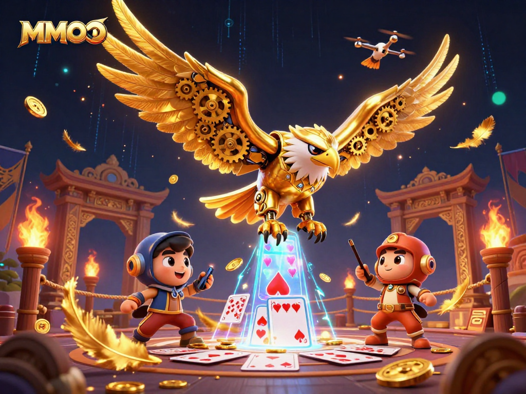 Engage with the thrilling world of MMOO as a dynamic cybernetic eagle dives through holographic cards.