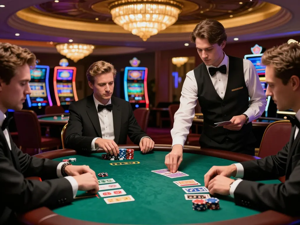 Players strategizing at hd88 blackjack table in elegant casino setting with stacked chips